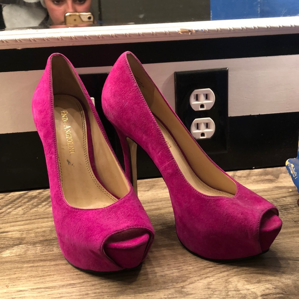 Pink Suede Peep Toe Heels